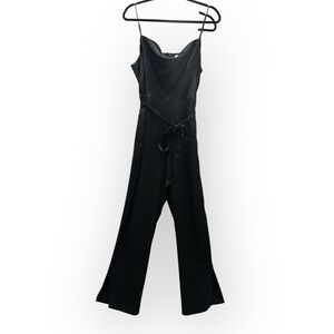NWT H&M Black Satin Cowl Neck Spaghetti Strap Wide Leg Jumpsuit Side Slits Med